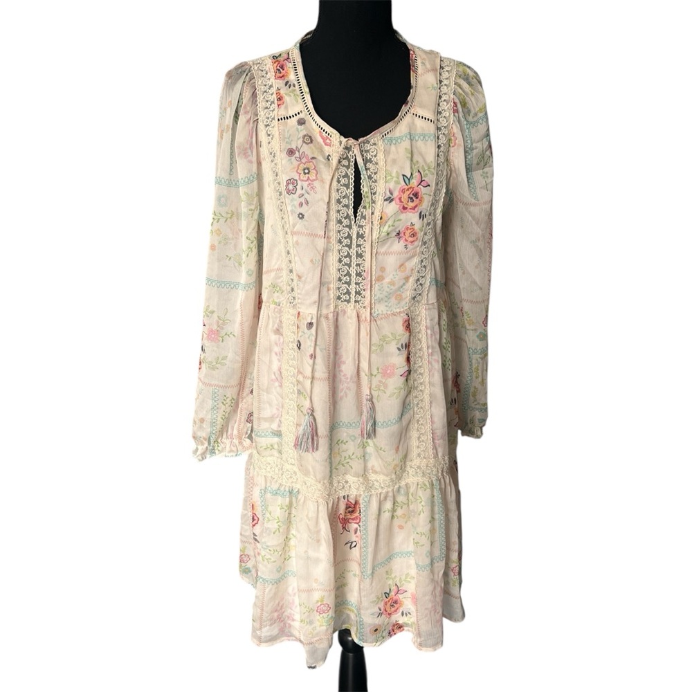 Penelope Rose Romantic Long Sleeve Boho Floral Lace Midi Dress Cottagecore Sz L